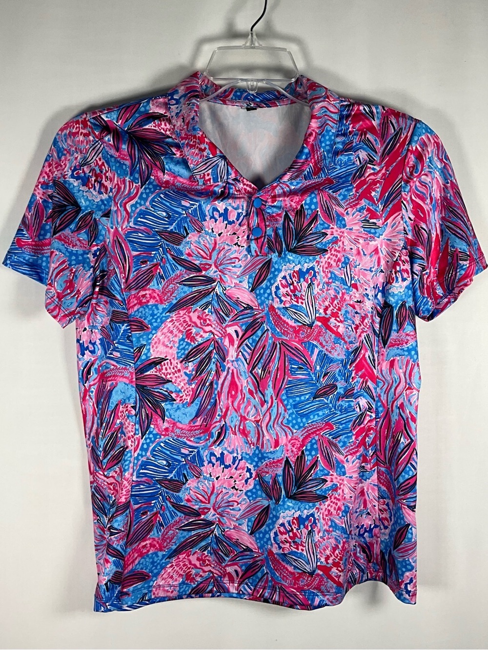 Soneven Top Size M  V-Neck Short Sleeve Golf Shirt - Pink & Blue Floral
